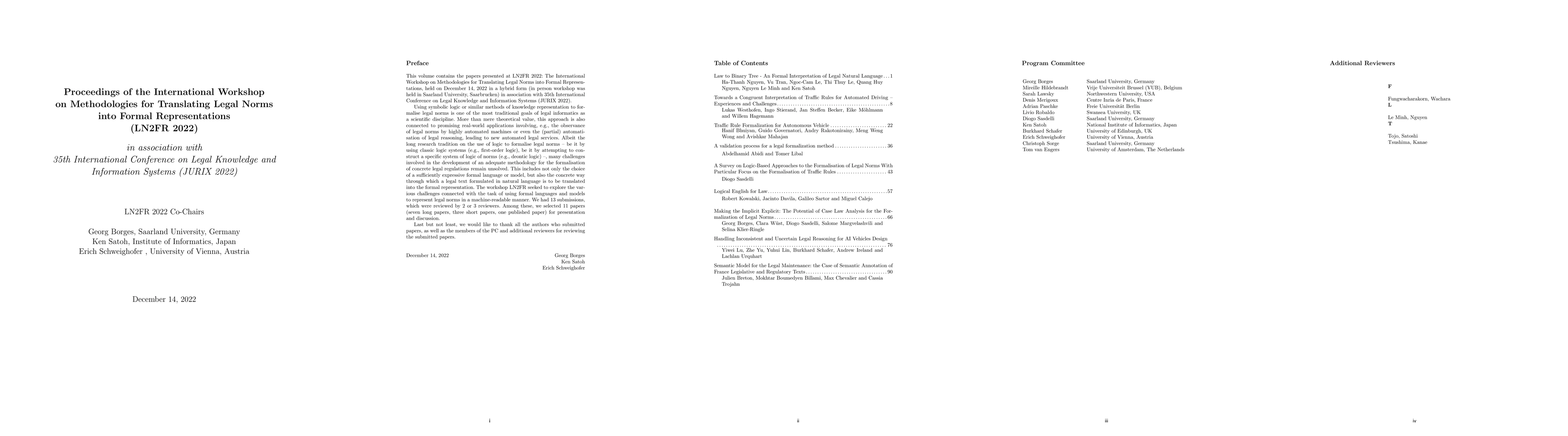 Thumbnail for Proceedings of the International Workshop on Methodologies for
  Translating Legal Norms into Formal Representations (LN2FR 2022) in
  association with 35th International Conference on Legal Knowledge and
  Information Systems (JURIX 2022)