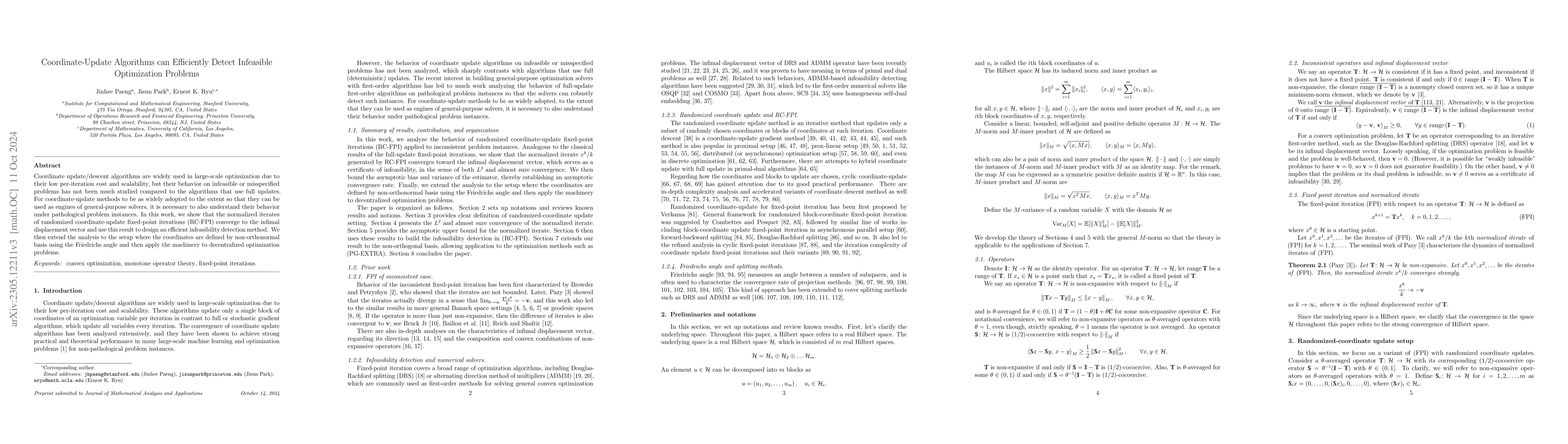 Thumbnail for Coordinate-Update Algorithms can Efficiently Detect Infeasible
  Optimization Problems