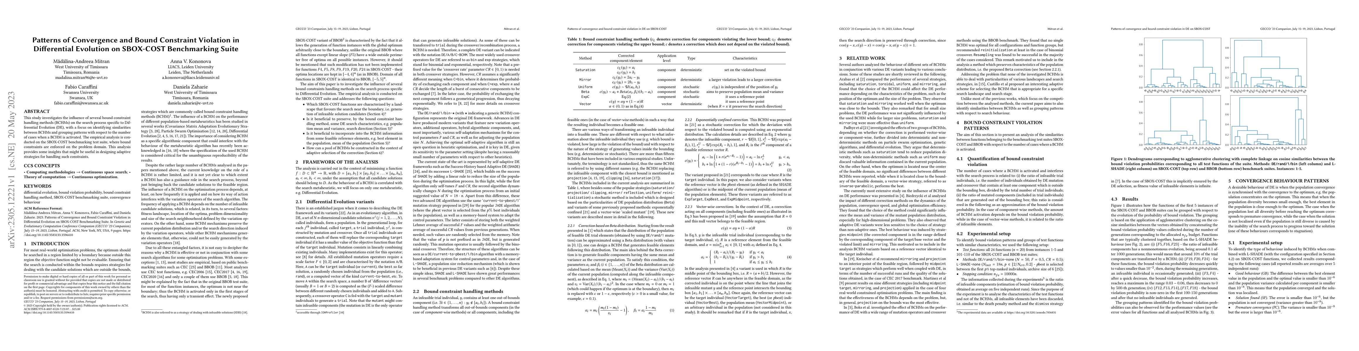 Thumbnail for Patterns of Convergence and Bound Constraint Violation in Differential
  Evolution on SBOX-COST Benchmarking Suite