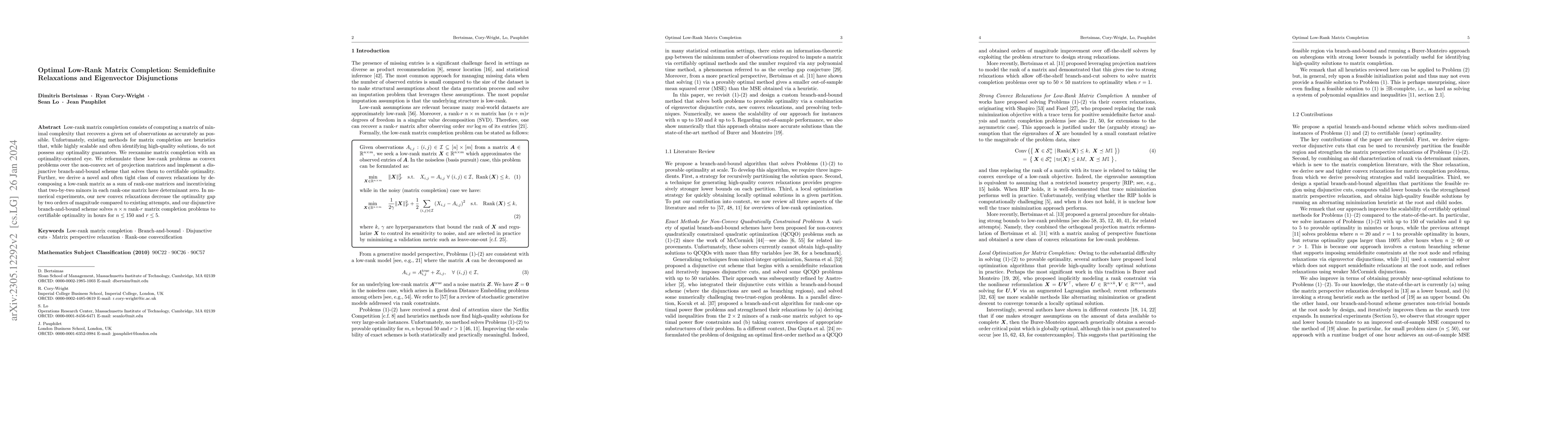 Thumbnail for Optimal Low-Rank Matrix Completion: Semidefinite Relaxations and
  Eigenvector Disjunctions