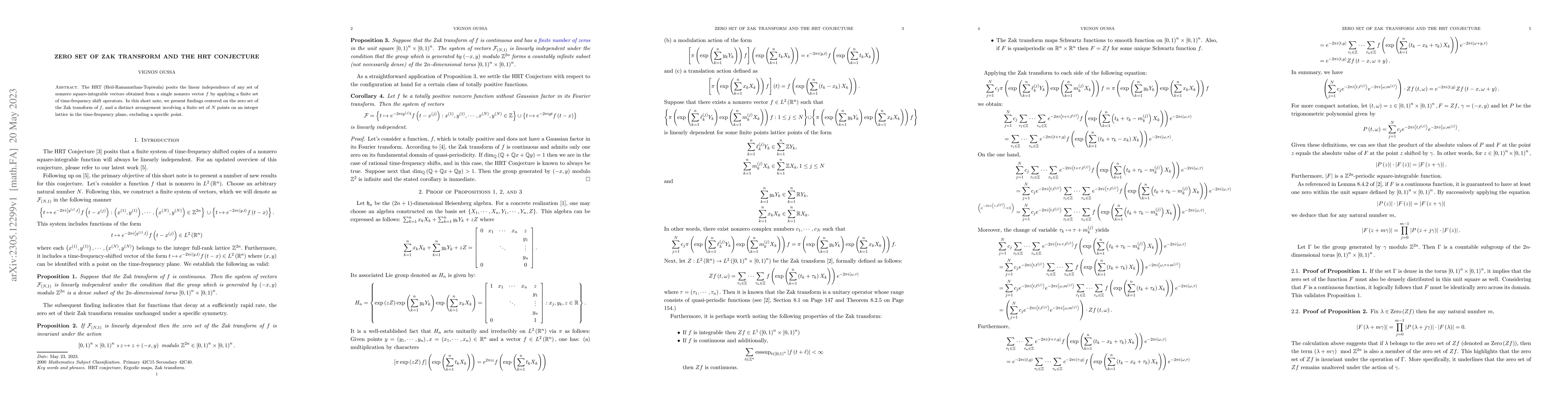 Thumbnail for Zero set of Zak transform and the HRT Conjecture