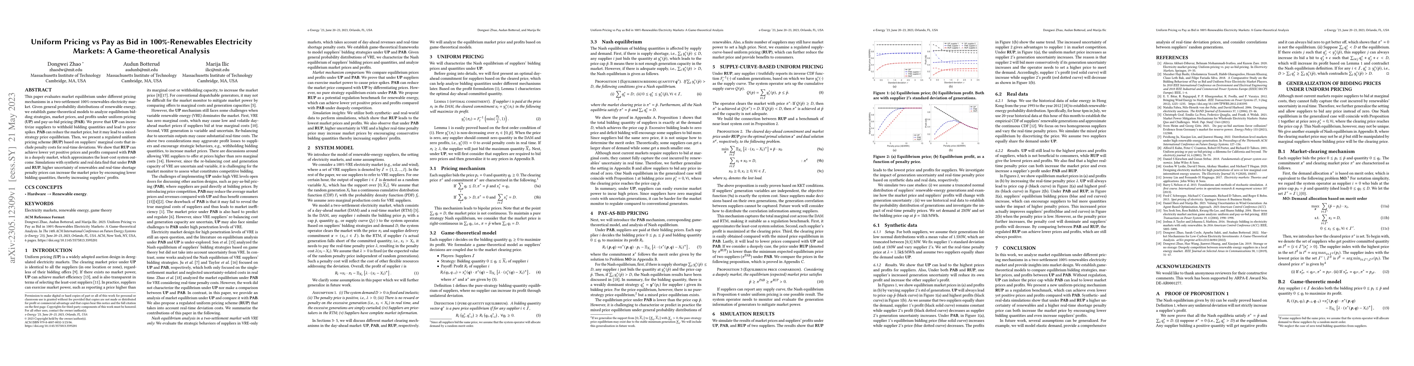 Thumbnail for Uniform Pricing vs Pay as Bid in 100%-Renewables Electricity Markets: A
  Game-theoretical Analysis