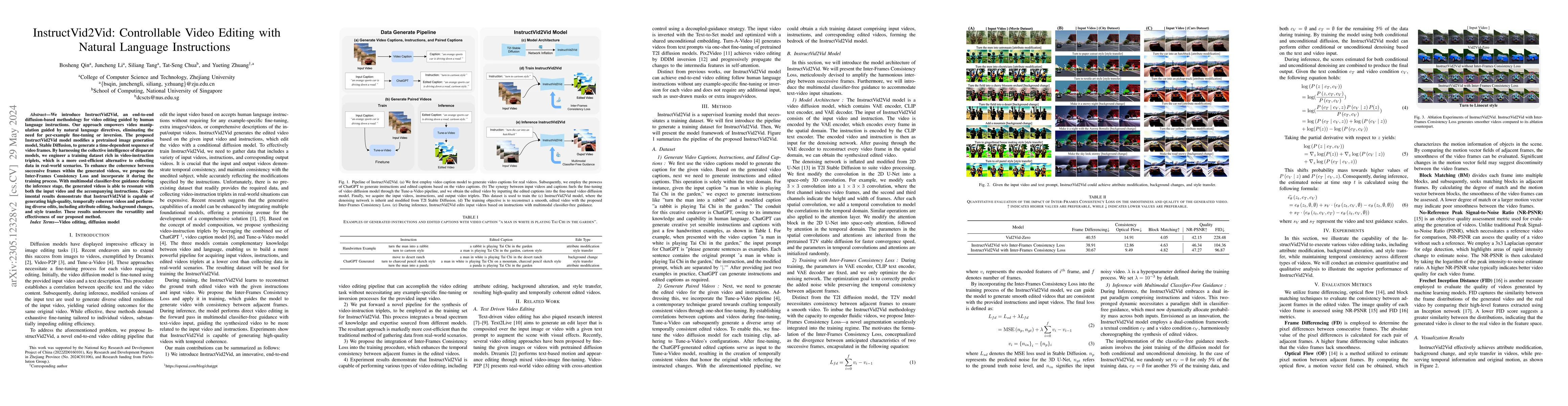 Thumbnail for InstructVid2Vid: Controllable Video Editing with Natural Language
  Instructions