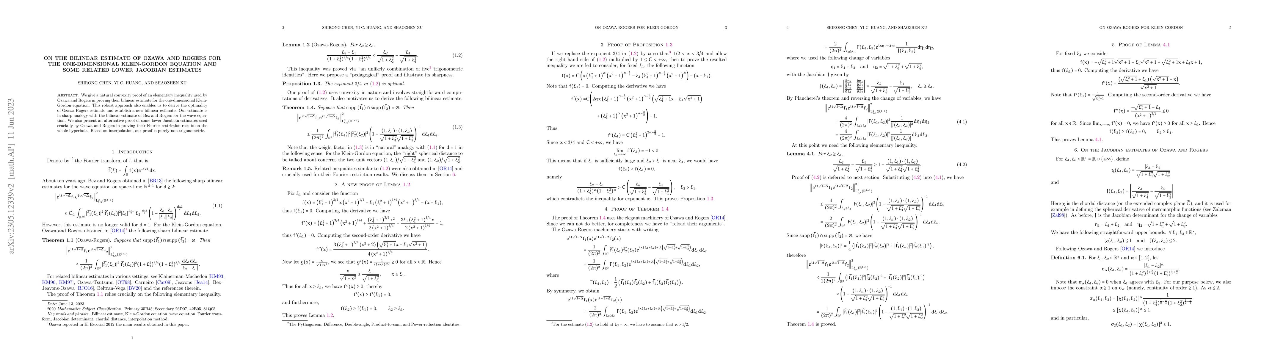 Thumbnail for On the bilinear estimate of Ozawa and Rogers for the one-dimensional
  Klein-Gordon equation and some related lower Jacobian estimates