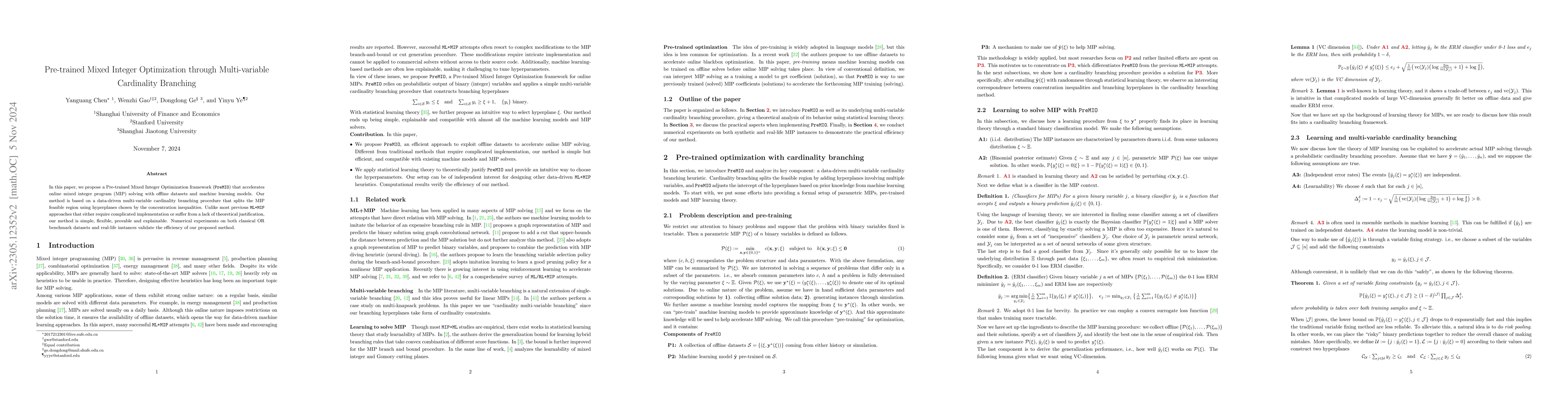 Thumbnail for Pre-trained Mixed Integer Optimization through Multi-variable
  Cardinality Branching
