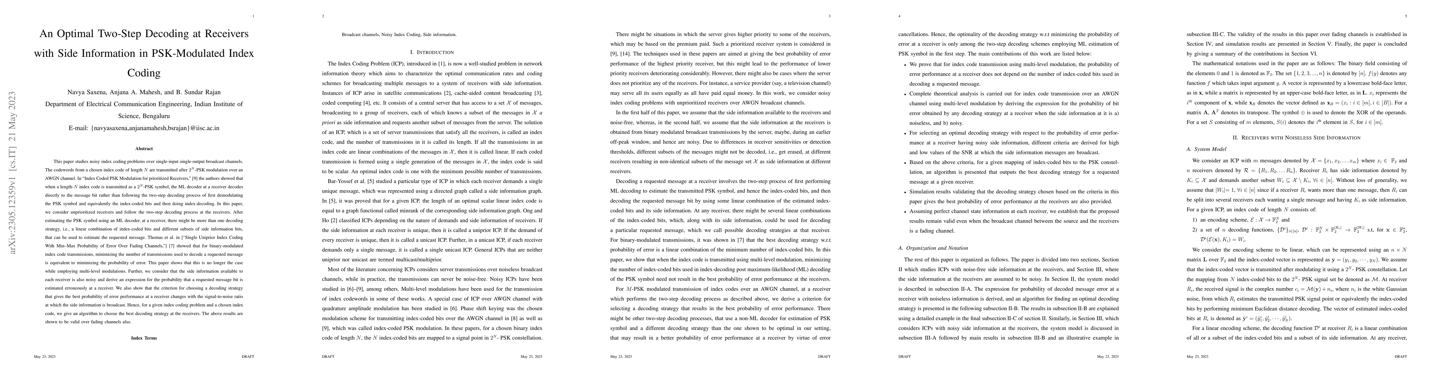Thumbnail for An Optimal Two-Step Decoding at Receivers with Side Information in
  PSK-Modulated Index Coding