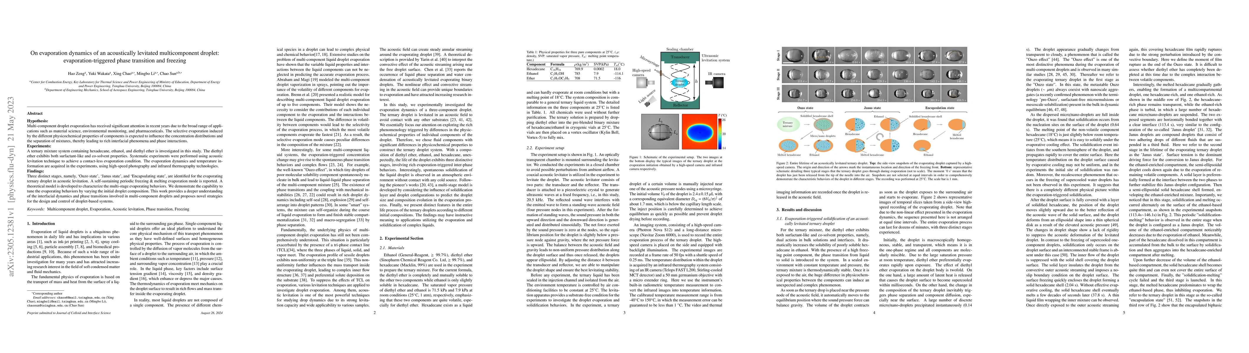 Thumbnail for On evaporation dynamics of an acoustically levitated multicomponent
  droplet: evaporation-triggered phase transition and freezing