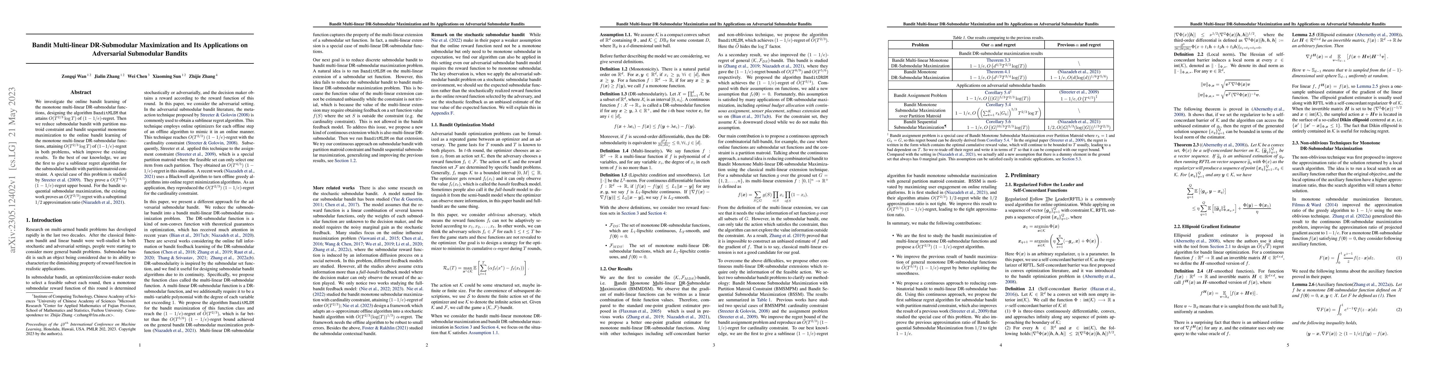 Thumbnail for Bandit Multi-linear DR-Submodular Maximization and Its Applications on
  Adversarial Submodular Bandits