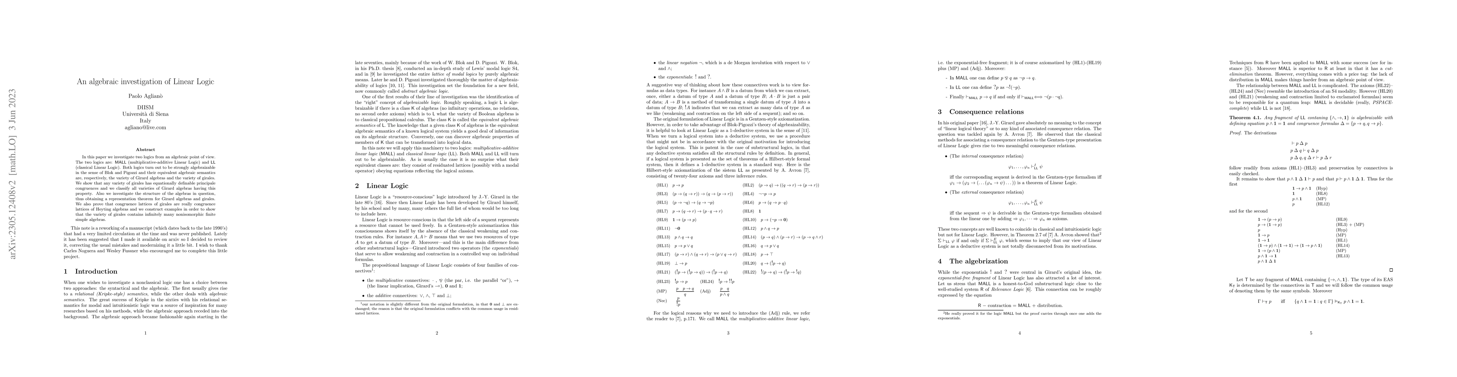 Thumbnail for An algebraic investigation of Linear Logic