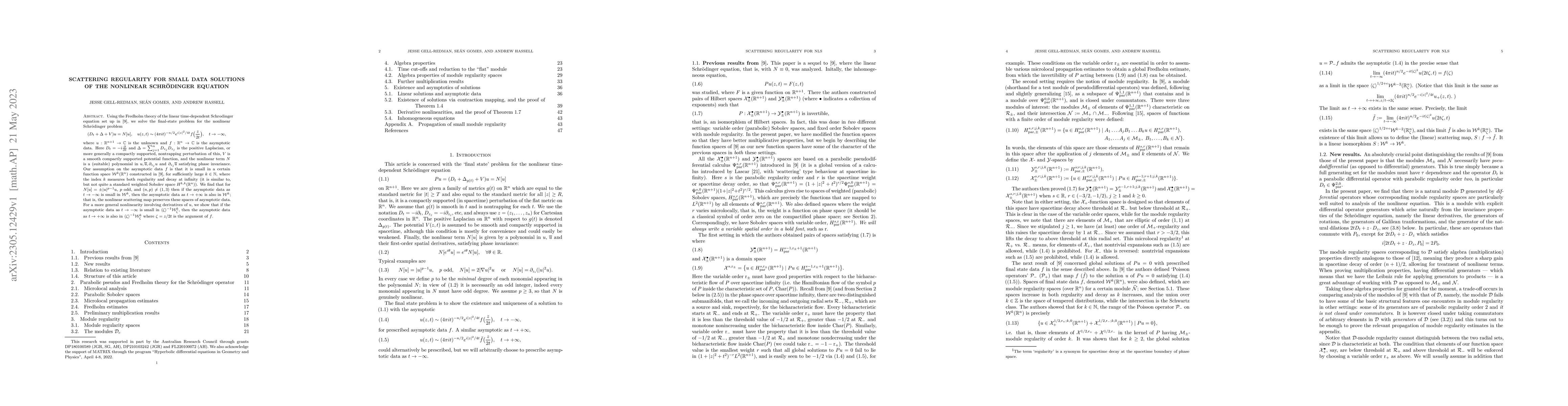 Thumbnail for Scattering regularity for small data solutions of the nonlinear
  Schr\"{o}dinger equation