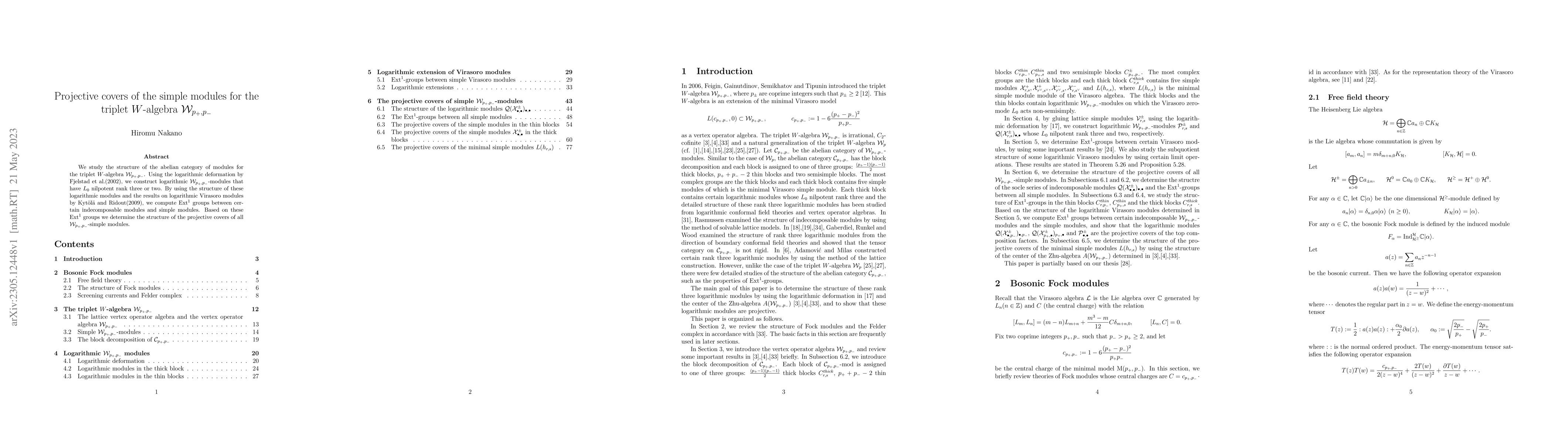Thumbnail for Projective covers of the simple modules for the triplet $W$-algebra
  $\mathcal{W}_{p_+,p_-}$