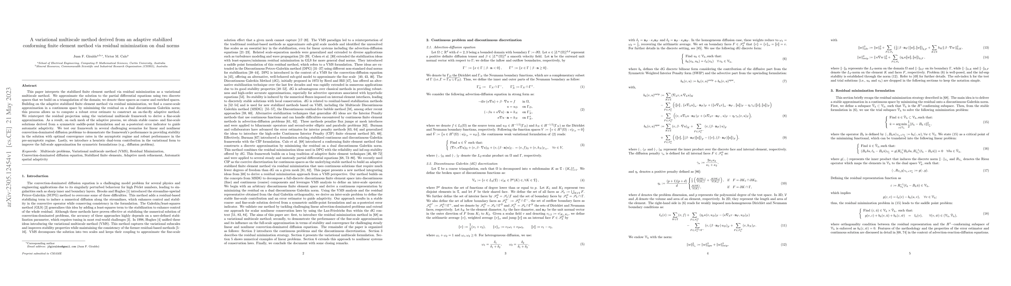 Thumbnail for A variational multiscale method derived from an adaptive stabilized
  conforming finite element method via residual minimization on dual norms