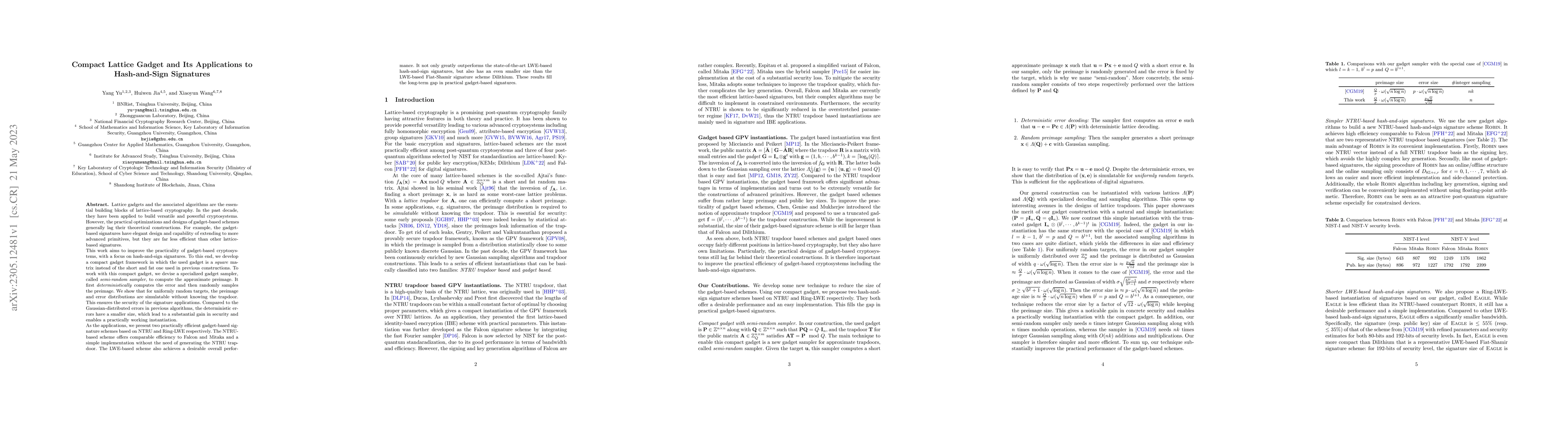 Thumbnail for Compact Lattice Gadget and Its Applications to Hash-and-Sign Signatures