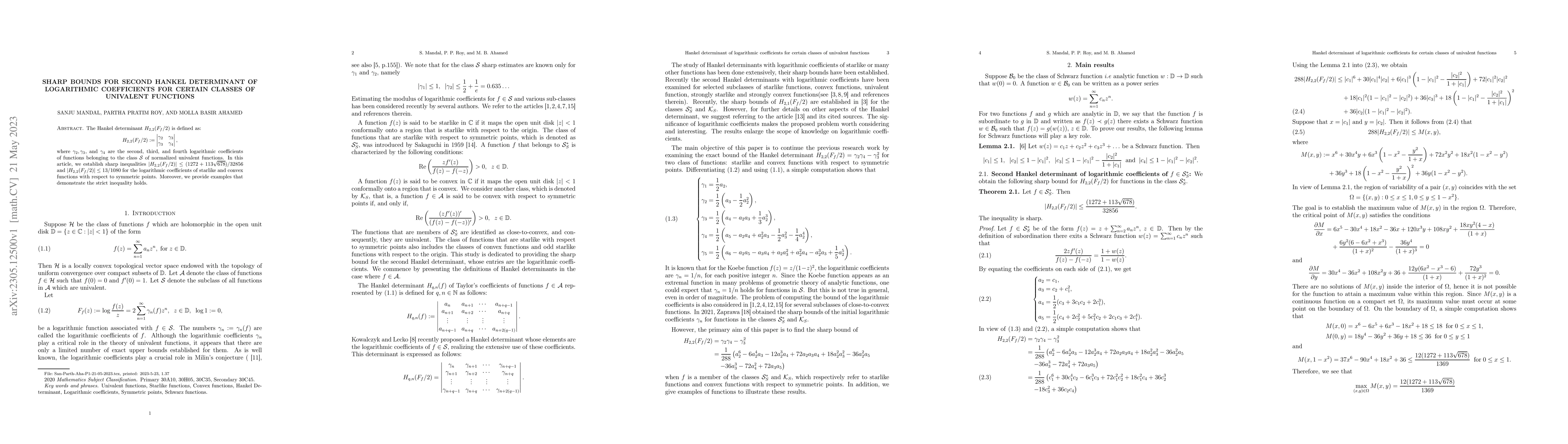 Thumbnail for Sharp bounds for second Hankel determinant of logarithmic coefficients
  for certain classes of univalent functions