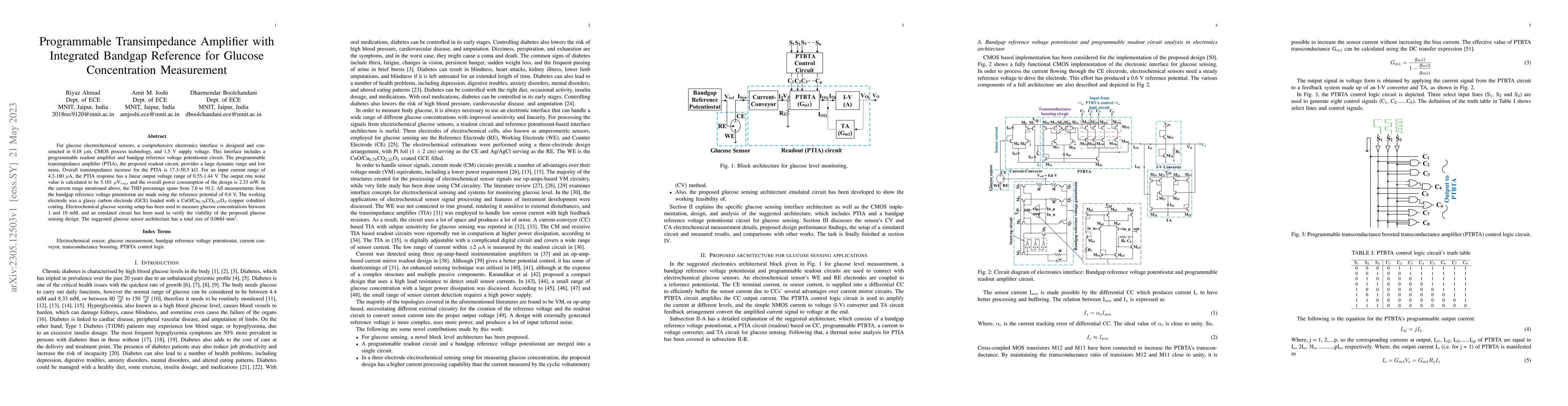 Thumbnail for Programmable Transimpedance Amplifier with Integrated Bandgap Reference
  for Glucose Concentration Measurement