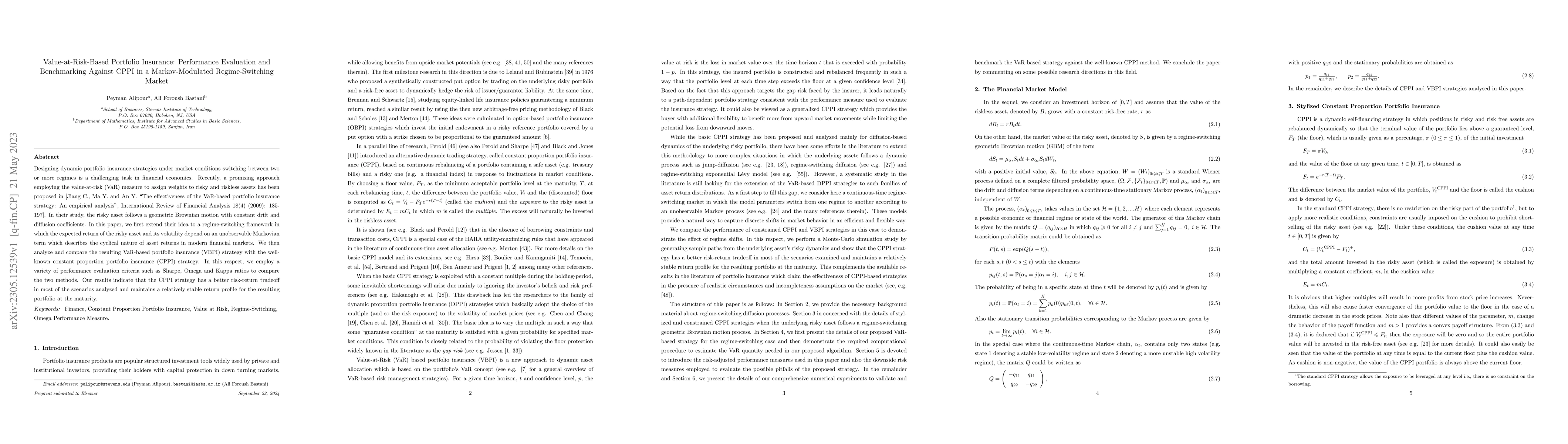 Thumbnail for Value-at-Risk-Based Portfolio Insurance: Performance Evaluation and
  Benchmarking Against CPPI in a Markov-Modulated Regime-Switching Market