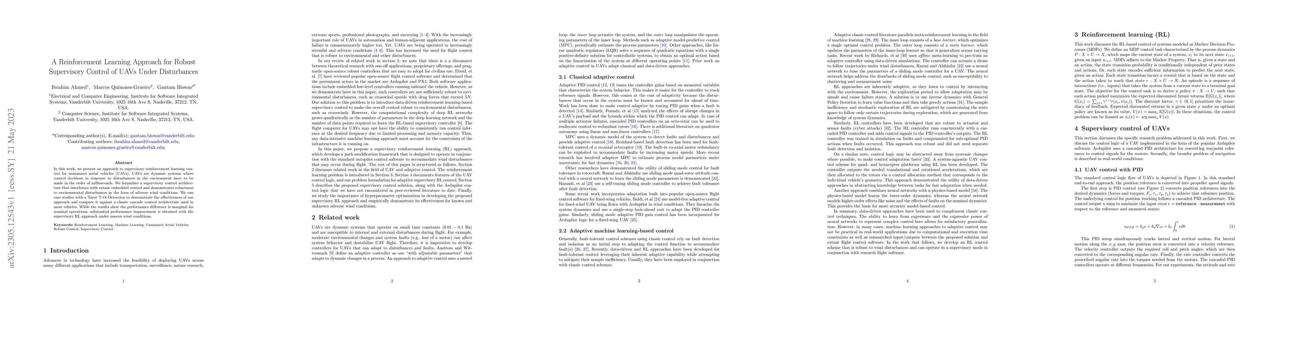 Thumbnail for A Reinforcement Learning Approach for Robust Supervisory Control of UAVs
  Under Disturbances