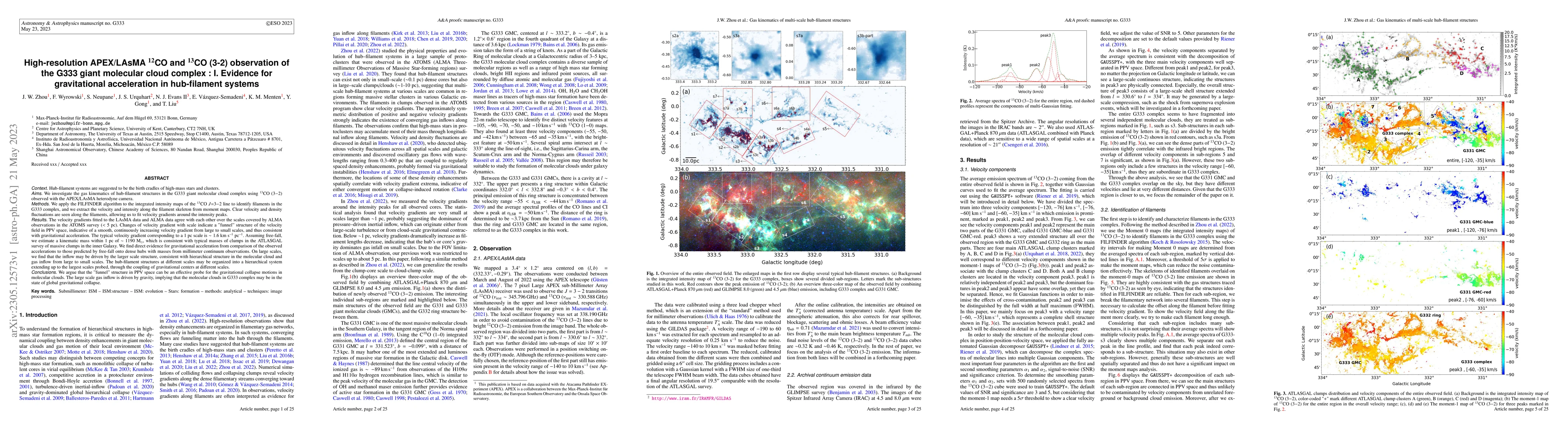 Thumbnail for High-resolution APEX/LAsMA $^{12}$CO and $^{13}$CO (3-2) observation of
  the G333 giant molecular cloud complex : I. Evidence for gravitational
  acceleration in hub-filament systems