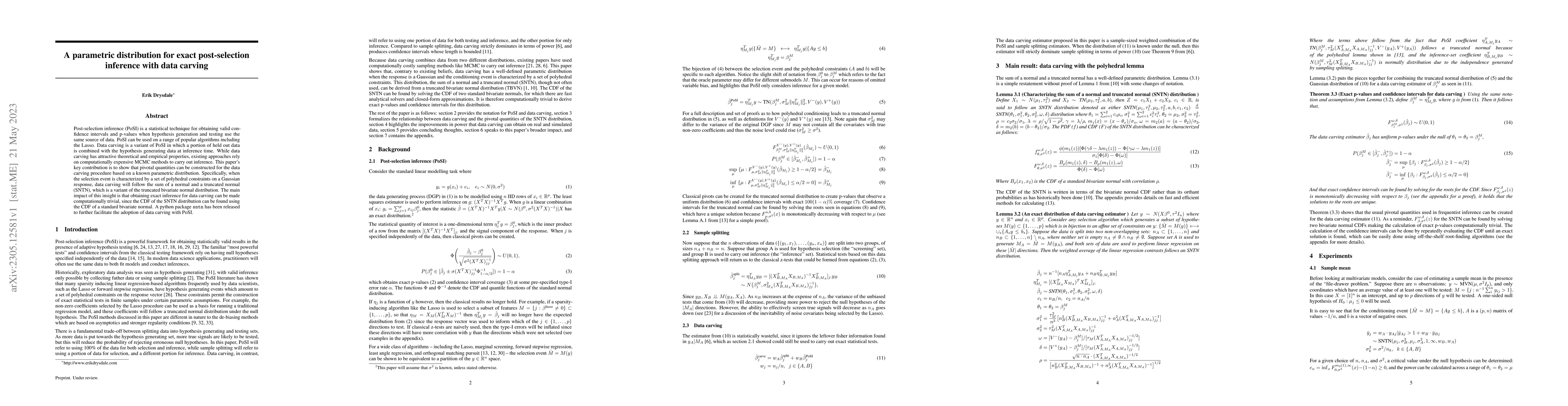 Thumbnail for A parametric distribution for exact post-selection inference with data
  carving
