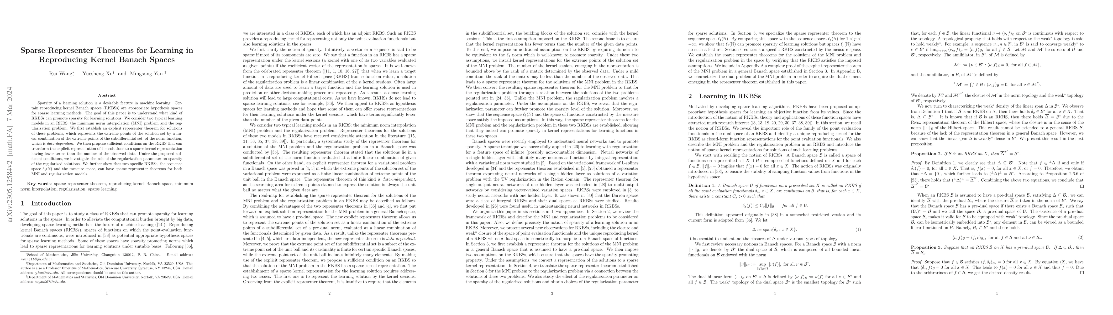Thumbnail for Sparse Representer Theorems for Learning in Reproducing Kernel Banach
  Spaces