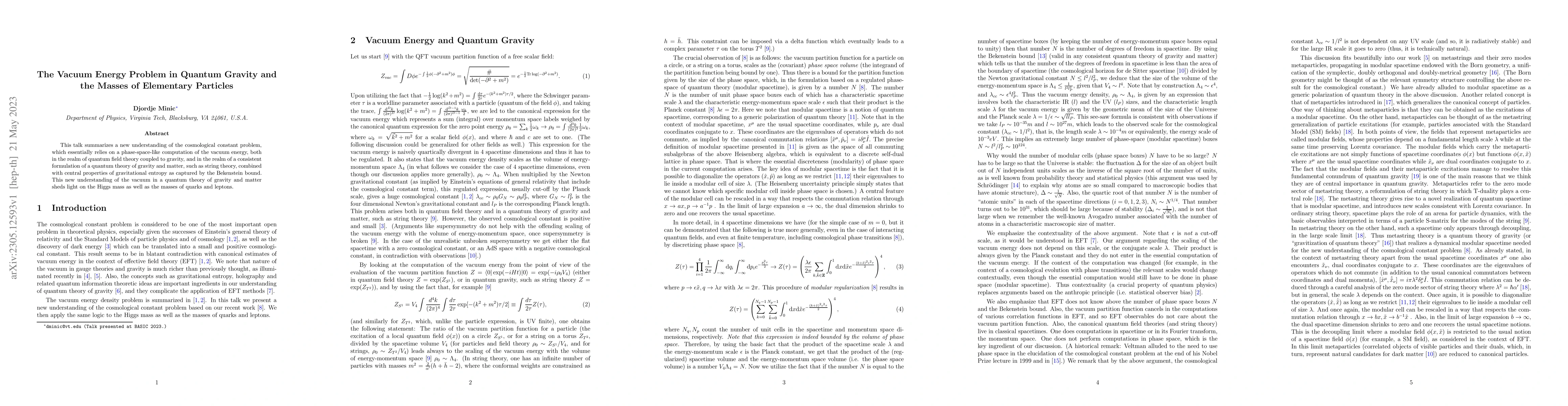 Thumbnail for The Vacuum Energy Problem in Quantum Gravity and the Masses of
  Elementary Particles