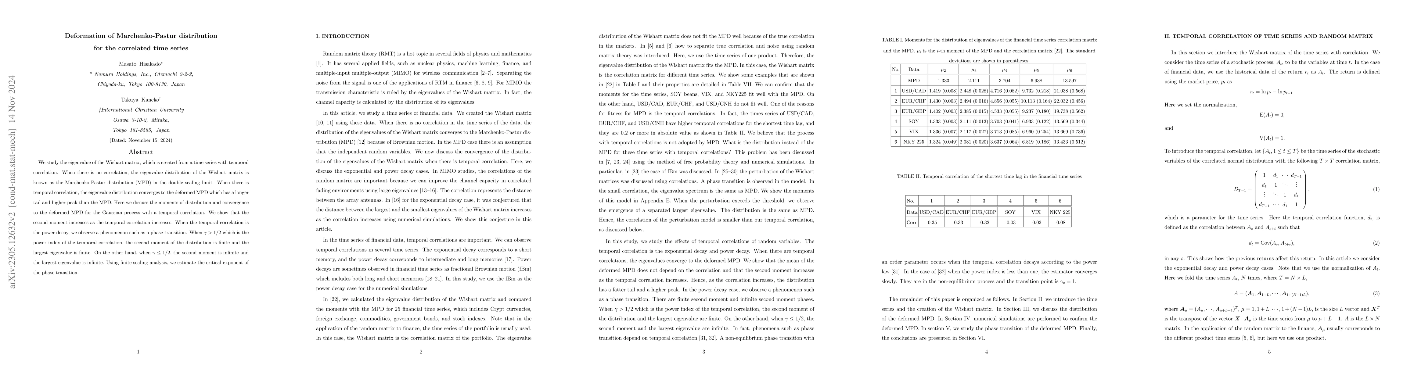 Thumbnail for Deformation of Marchenko-Pastur distribution for the correlated time
  series