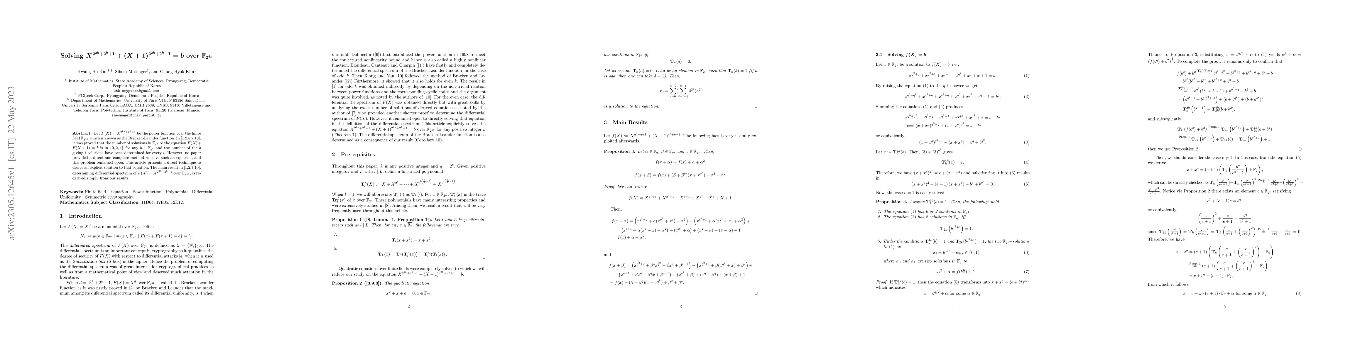 Thumbnail for Solving $X^{2^{2k}+2^{k}+1}+(X+1)^{2^{2k}+2^{k}+1}=b$ over $\GF{2^{4k}}$