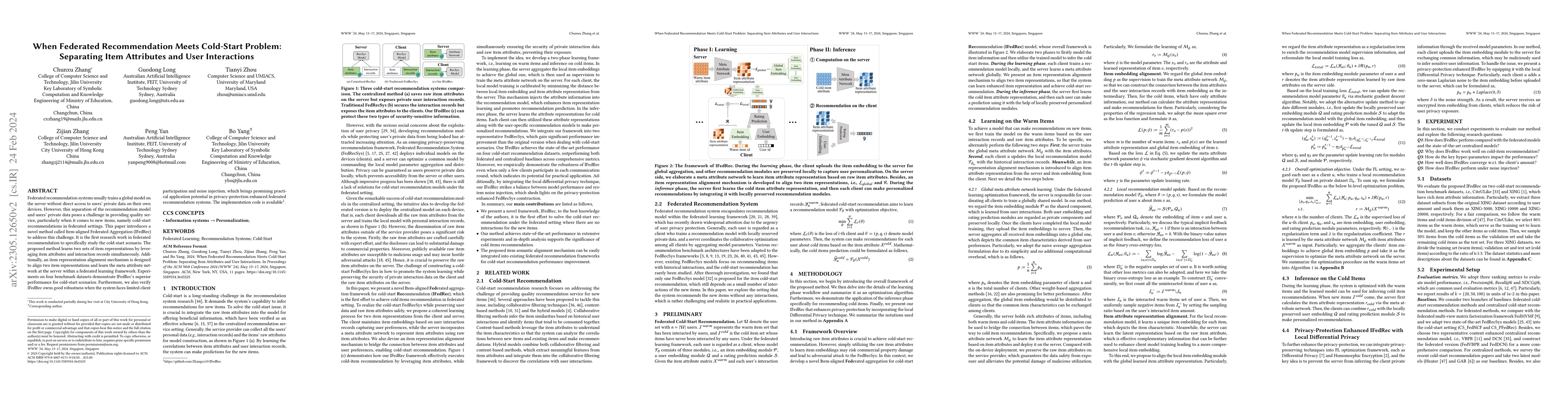 Thumbnail for When Federated Recommendation Meets Cold-Start Problem: Separating Item
  Attributes and User Interactions