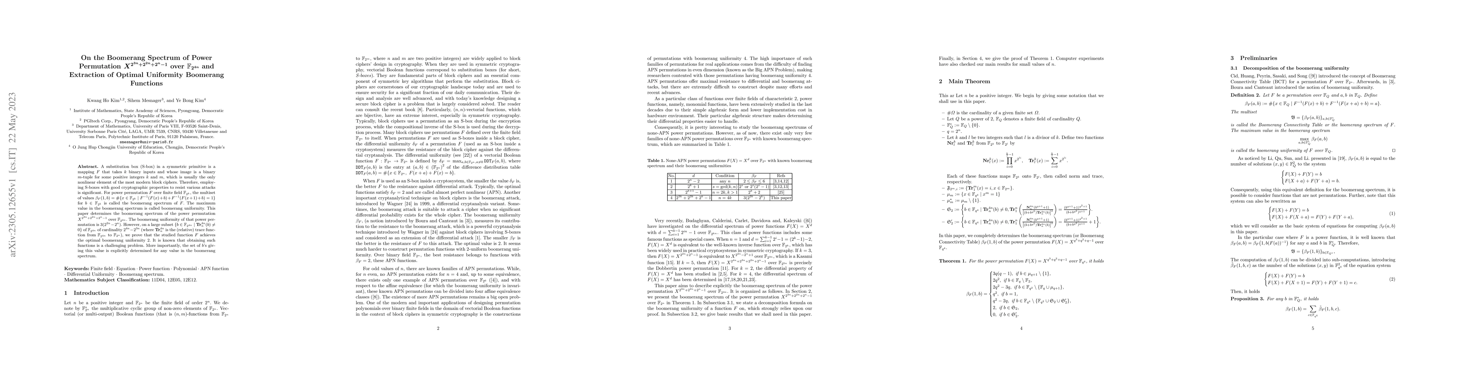 Thumbnail for On the Boomerang Spectrum of Power Permutation
  $X^{2^{3n}+2^{2n}+2^{n}-1}$ over $\GF{2^{4n}}$ and Extraction of Optimal
  Uniformity Boomerang Functions