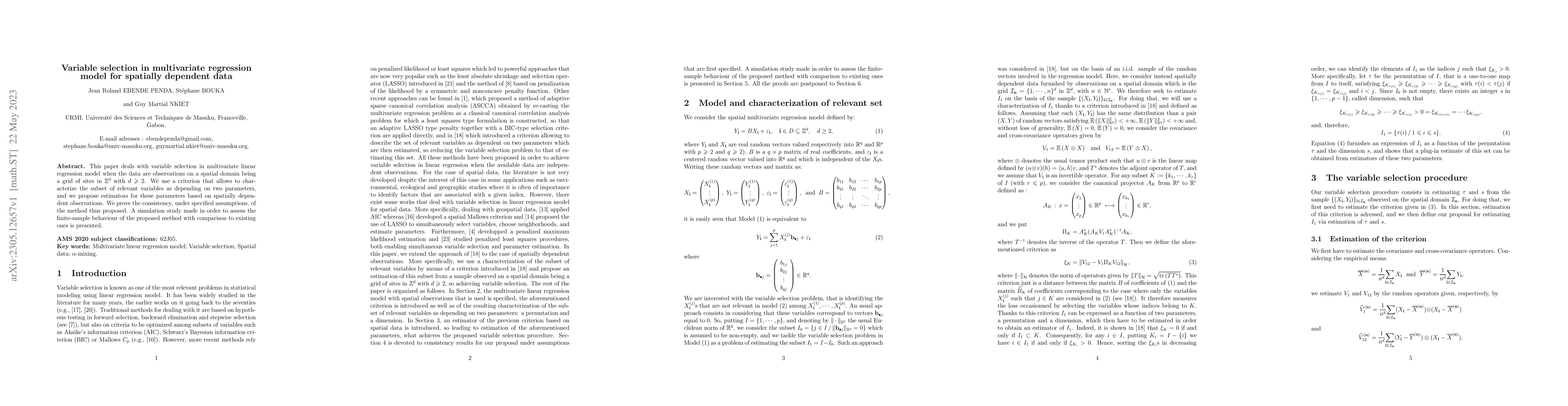 Thumbnail for Variable selection in multivariate regression model for spatially
  dependent data