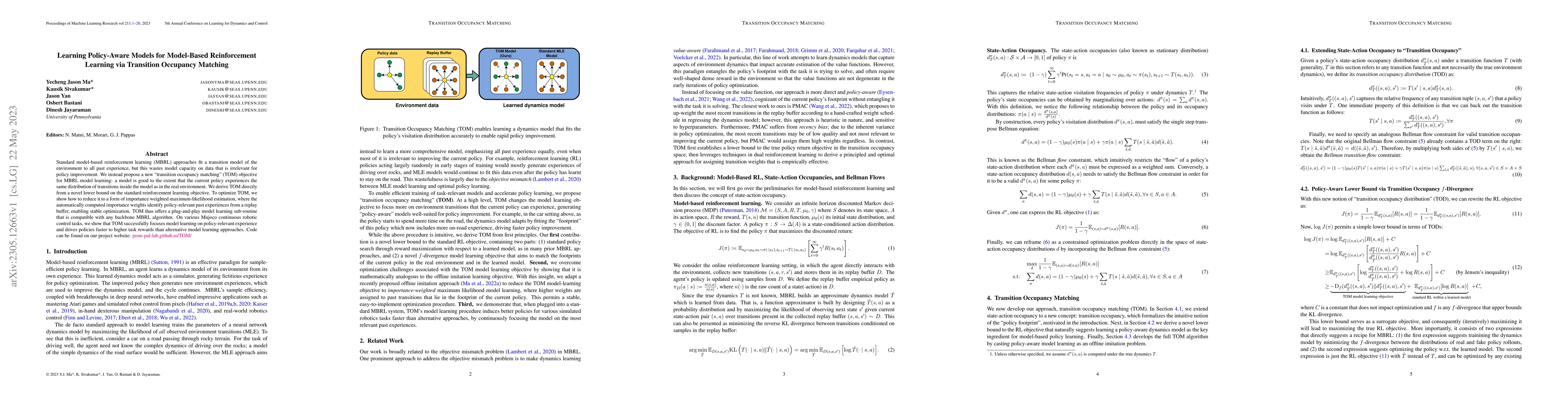 Thumbnail for TOM: Learning Policy-Aware Models for Model-Based Reinforcement Learning
  via Transition Occupancy Matching