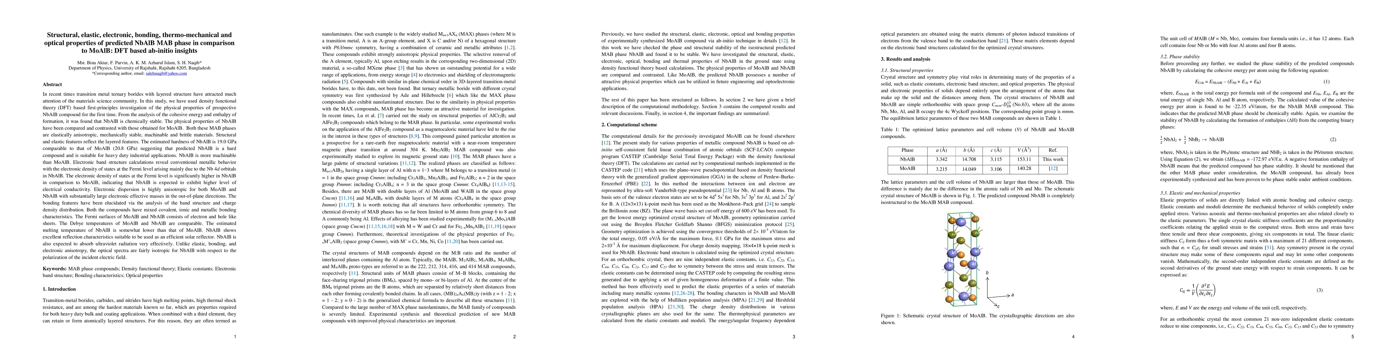 Thumbnail for Structural, elastic, electronic, bonding, thermo-mechanical and optical
  properties of predicted NbAlB MAB phase in comparison to MoAlB: DFT based
  ab-initio insights
