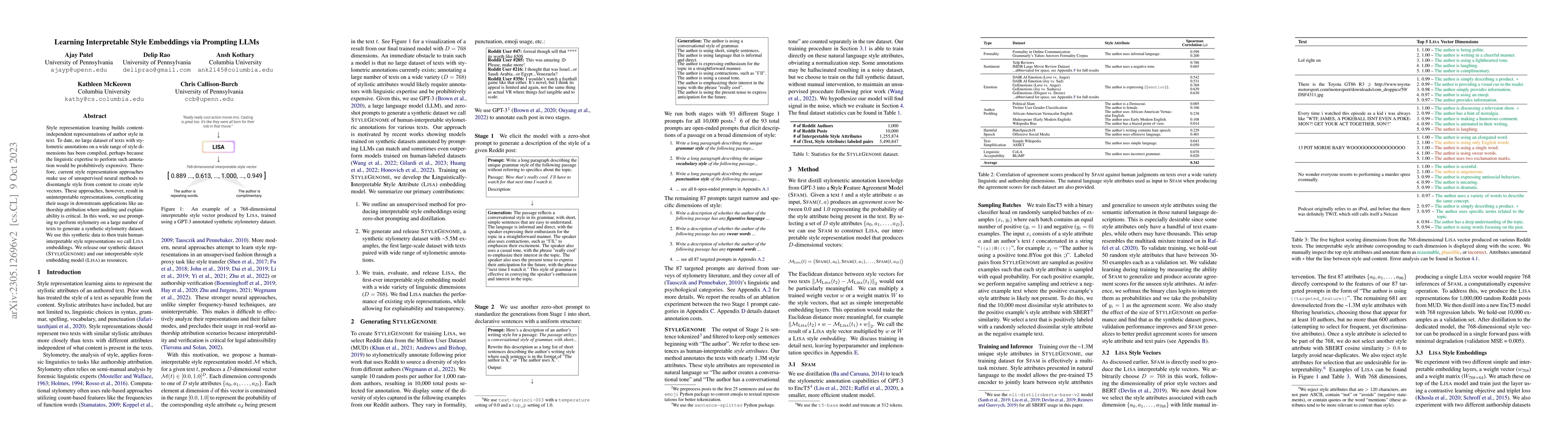 Thumbnail for Learning Interpretable Style Embeddings via Prompting LLMs