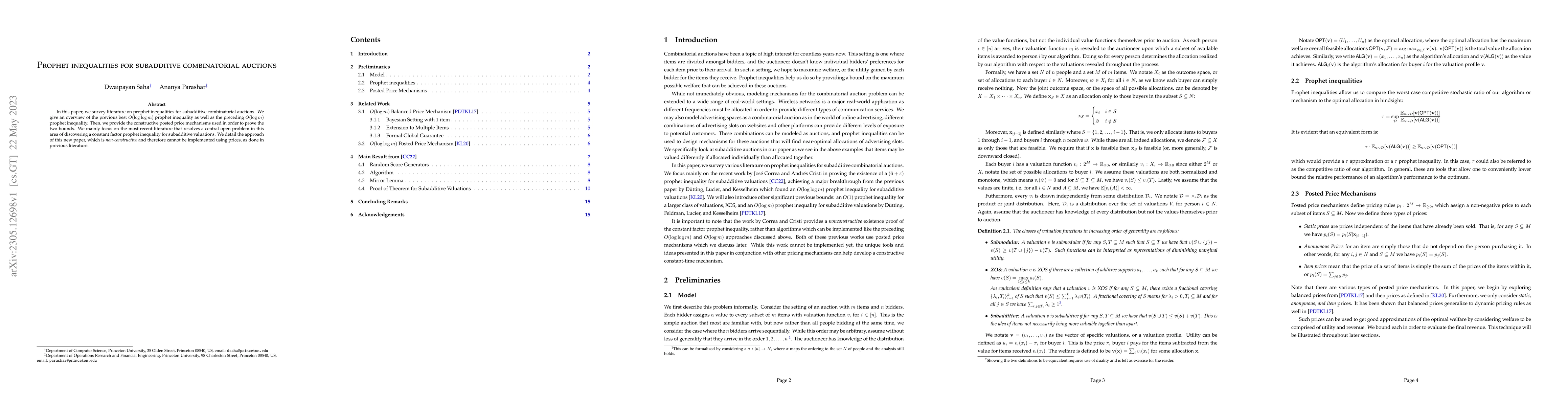 Thumbnail for Prophet Inequalities for Subadditive Combinatorial Auctions