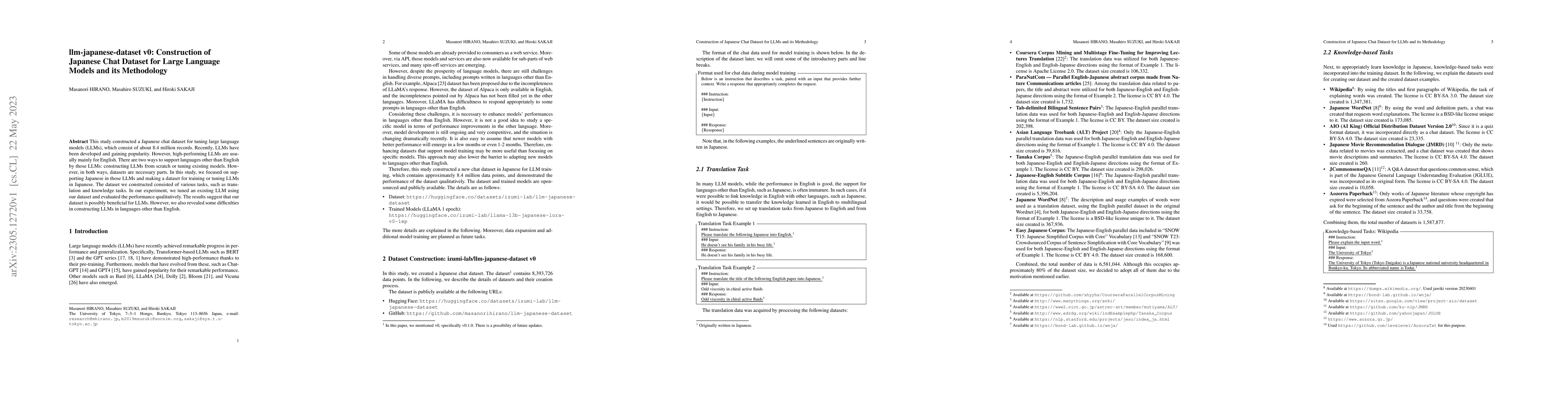 Thumbnail for llm-japanese-dataset v0: Construction of Japanese Chat Dataset for Large
  Language Models and its Methodology