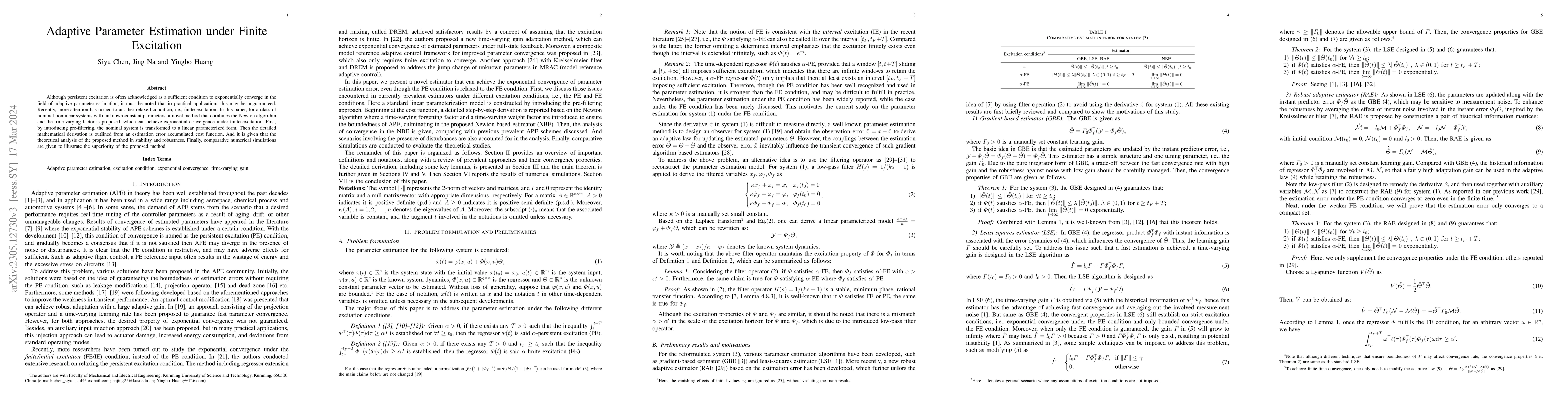 Thumbnail for Adaptive Parameter Estimation under Finite Excitation