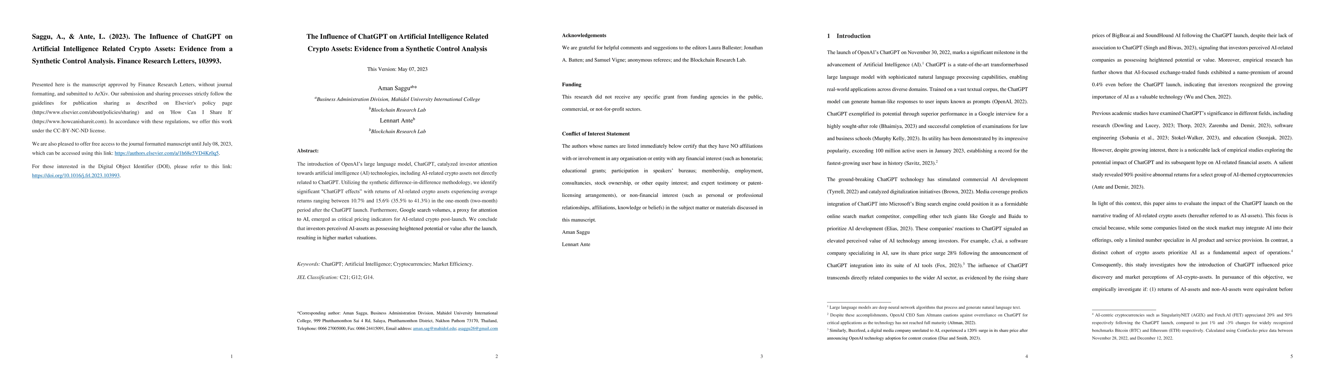 Thumbnail for The Influence of ChatGPT on Artificial Intelligence Related Crypto
  Assets: Evidence from a Synthetic Control Analysis