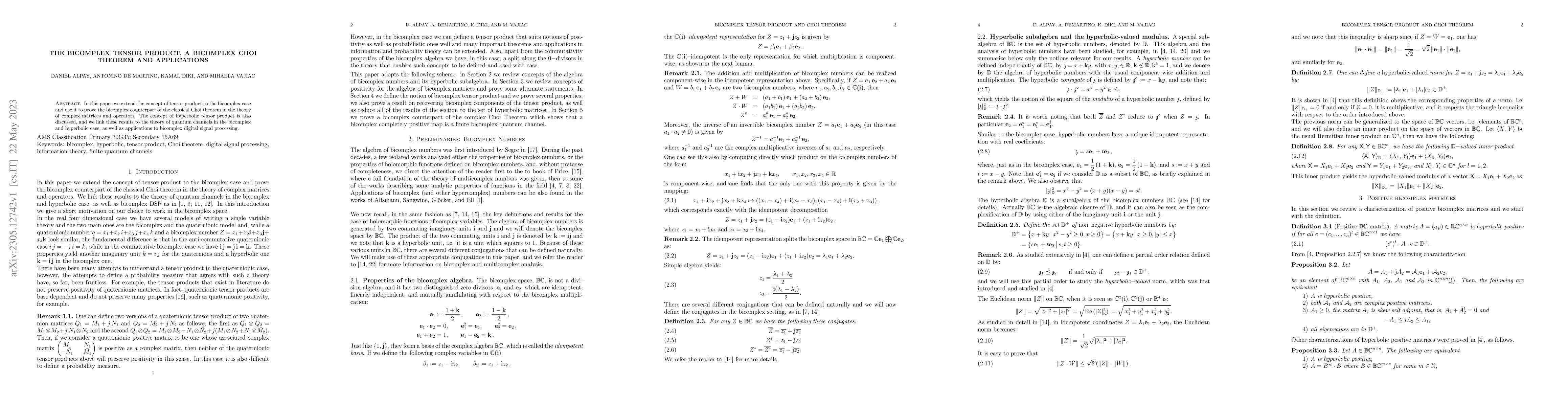Thumbnail for The Bicomplex Tensor Product, a Bicomplex Choi Theorem and Applications