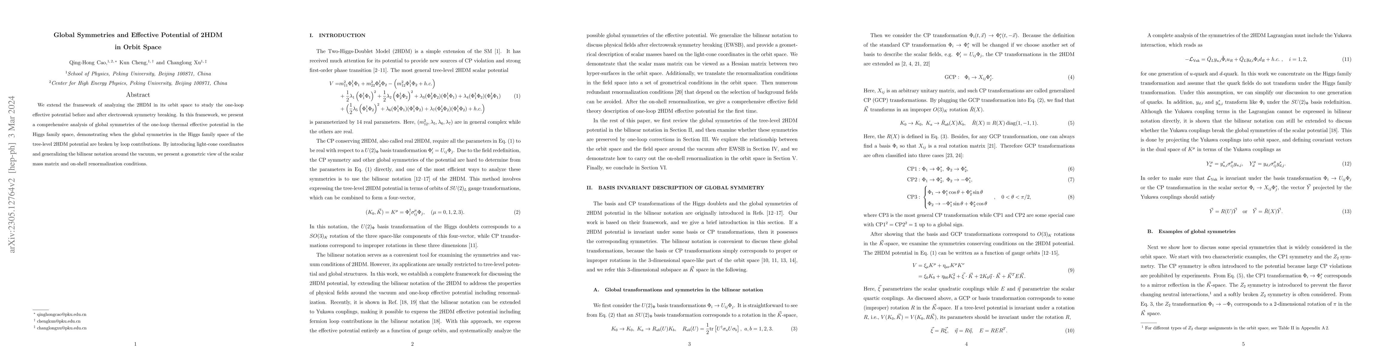 Thumbnail for Global Symmetries and Effective Potential of 2HDM in Orbit Space