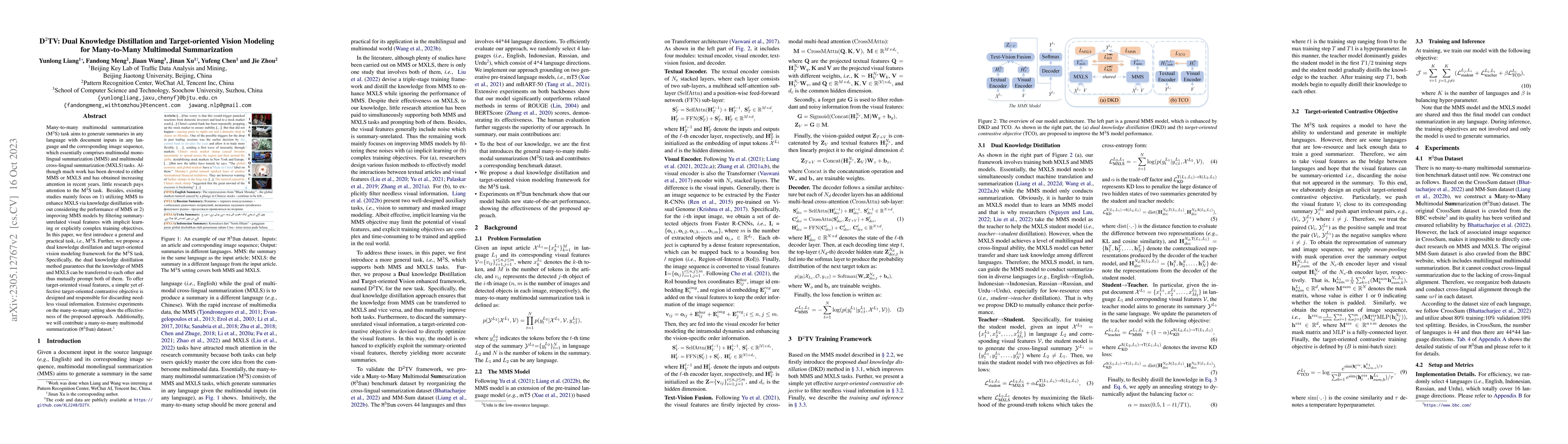 Thumbnail for D$^2$TV: Dual Knowledge Distillation and Target-oriented Vision Modeling
  for Many-to-Many Multimodal Summarization