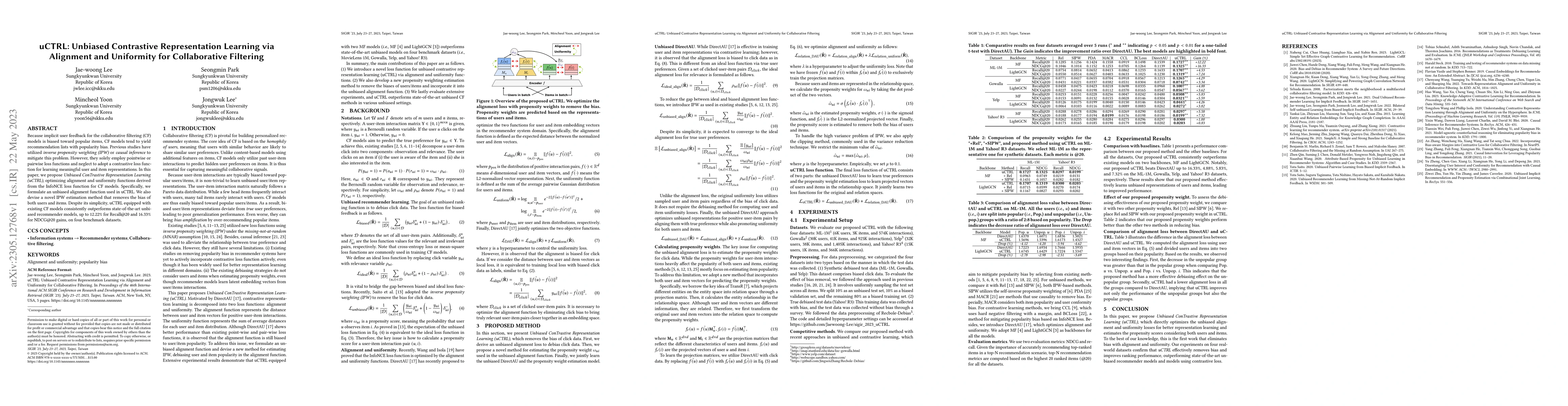 Thumbnail for uCTRL: Unbiased Contrastive Representation Learning via Alignment and
  Uniformity for Collaborative Filtering
