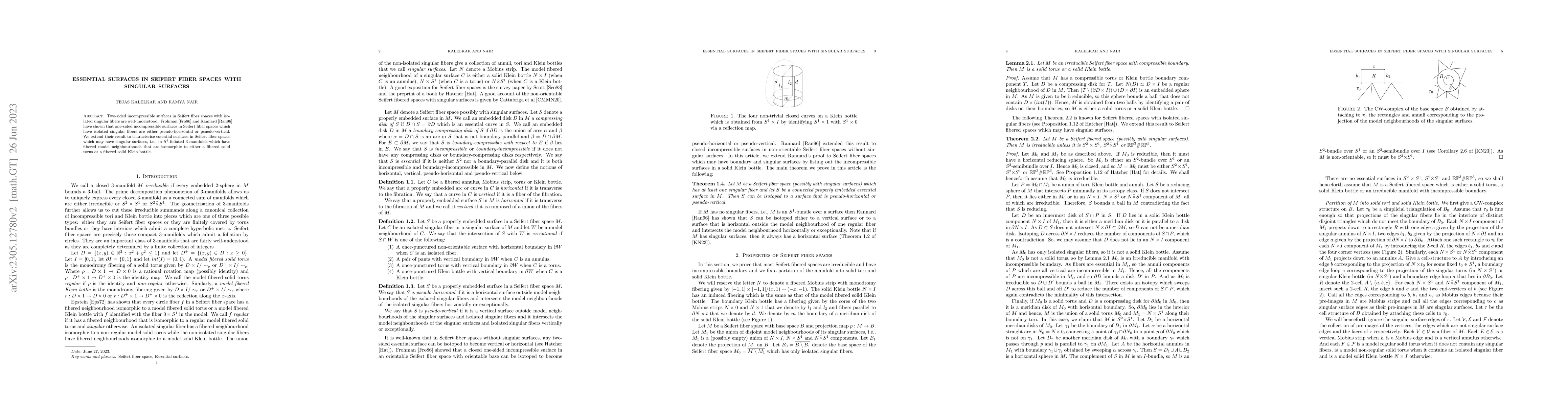 Thumbnail for Essential surfaces in Seifert fiber spaces with singular surfaces