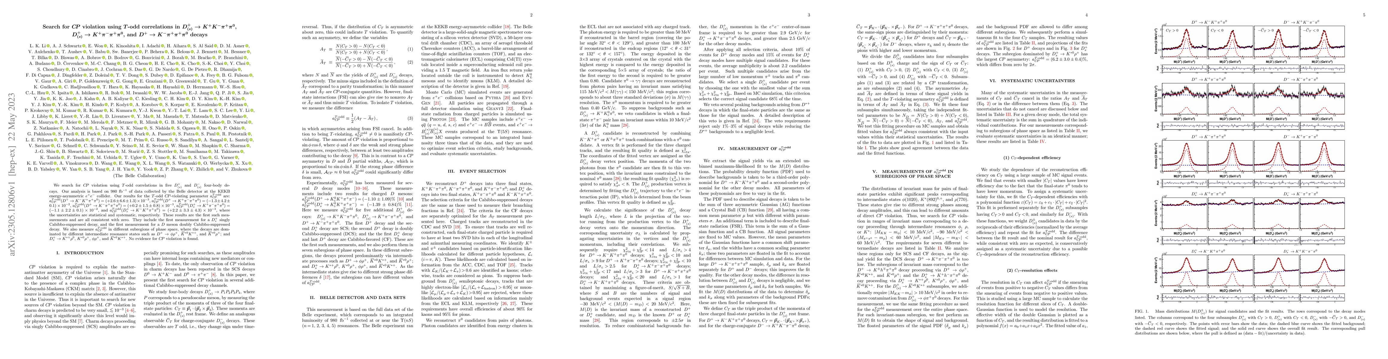 Thumbnail for Search for $C\!P$ violation using $T$-odd correlations in
  $D_{(s)}^{+}\to K^{+} K^{-}\pi^{+}\pi^{0}$, $D_{(s)}^{+}\to K^{+}
  \pi^{-}\pi^{+}\pi^{0}$, and $D^{+}\to K^{-}\pi^{+}\pi^{+}\pi^{0}$ decays