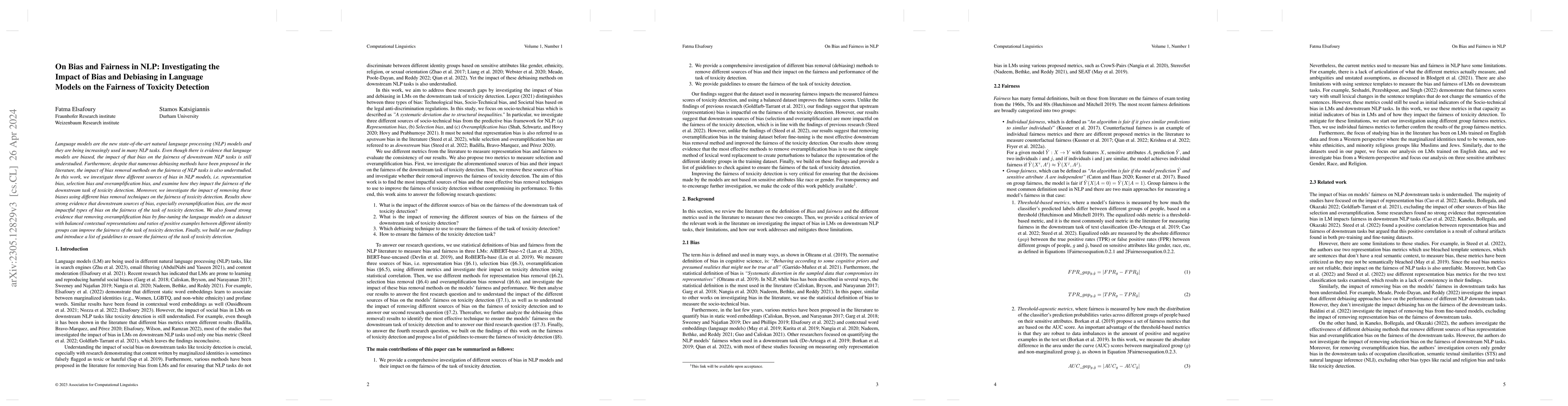 Thumbnail for On Bias and Fairness in NLP: Investigating the Impact of Bias and
  Debiasing in Language Models on the Fairness of Toxicity Detection