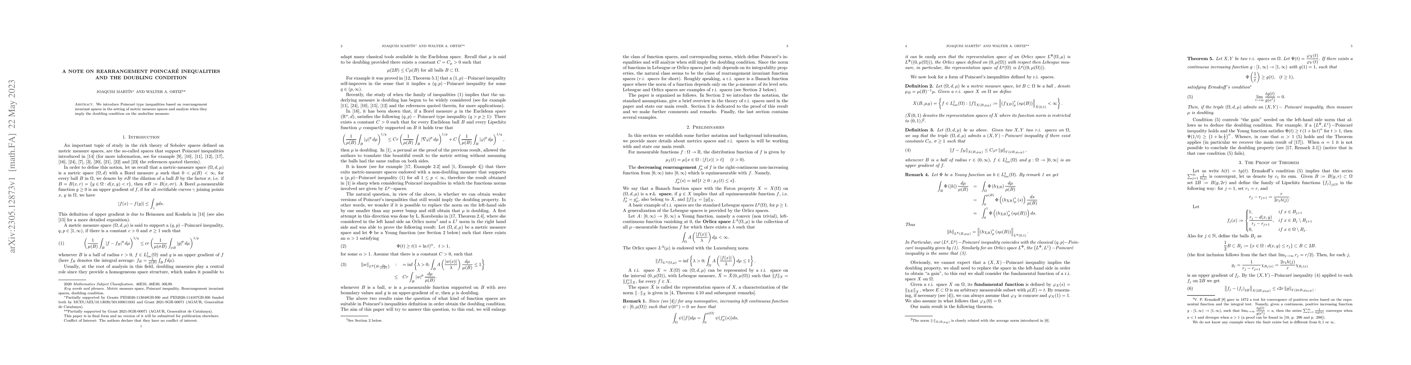 Thumbnail for A note on rearrangement Poincar\'e inequalities and the doubling
  condition
