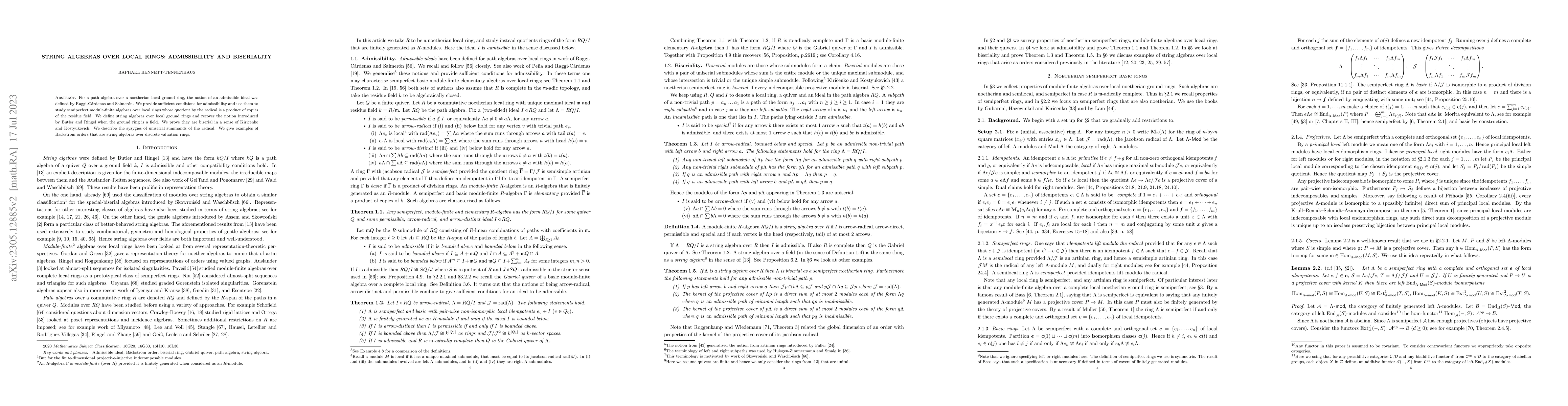 Thumbnail for String algebras over local rings: admissibility and biseriality