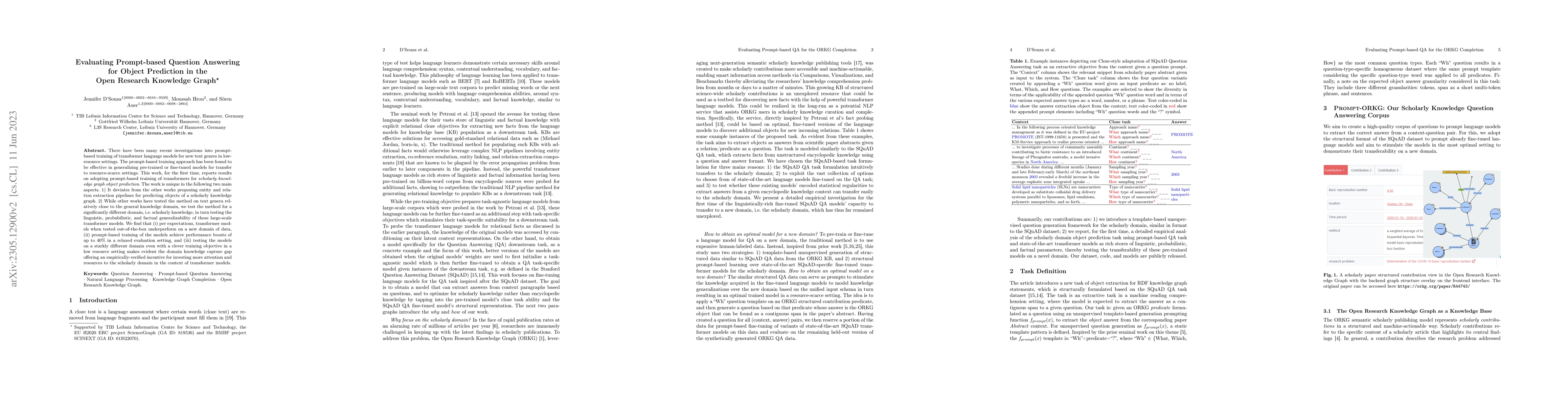 Thumbnail for Evaluating Prompt-based Question Answering for Object Prediction in the
  Open Research Knowledge Graph