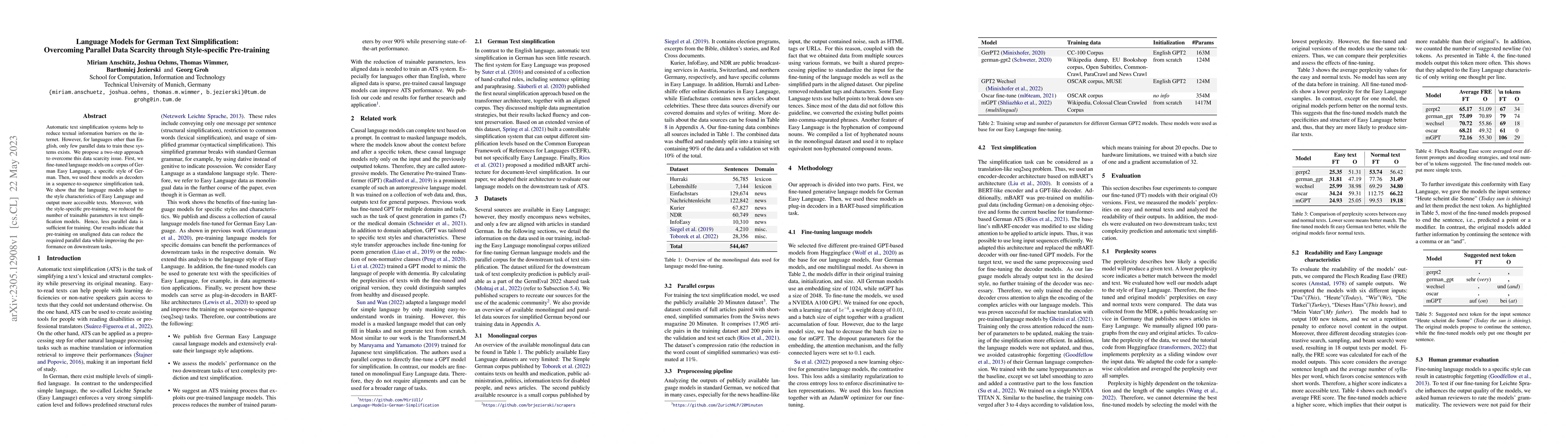 Thumbnail for Language Models for German Text Simplification: Overcoming Parallel Data
  Scarcity through Style-specific Pre-training