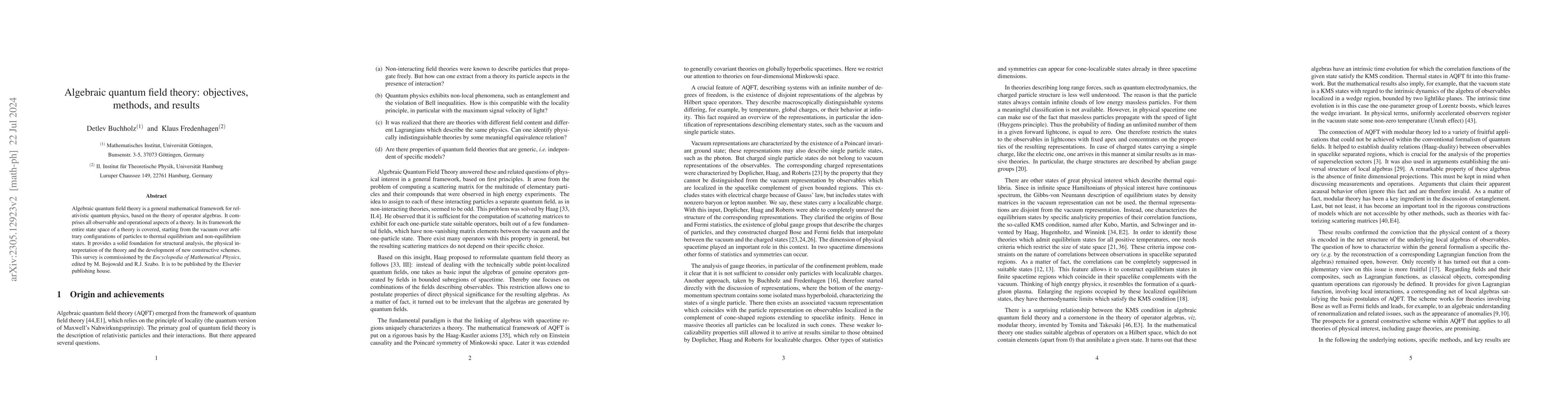 Thumbnail for Algebraic quantum field theory: objectives, methods, and results