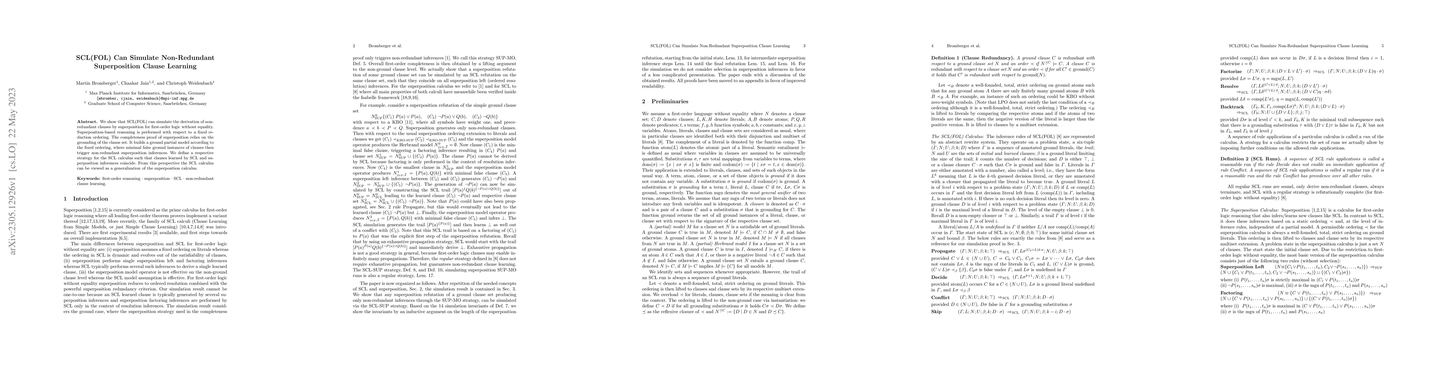 Thumbnail for SCL(FOL) Can Simulate Non-Redundant Superposition Clause Learning